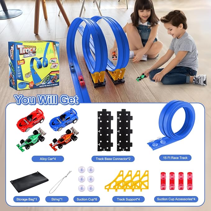 15 FT Flexible Toy Car Track with Suction Cups: DIY Roll-Up Racetrack Ramp for Window & Wall Surfaces, Compatible with 1/64 DieCast Vehicles, Screen for Boys Girls Ages 3-8