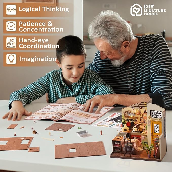 Robotime DIY Miniature House Kit, 1:18 Kitchen Diorama Dollhouse with LED Lights, 3D Wooden Puzzle for Adults, Craft Hobby Gift for Women Men Teens