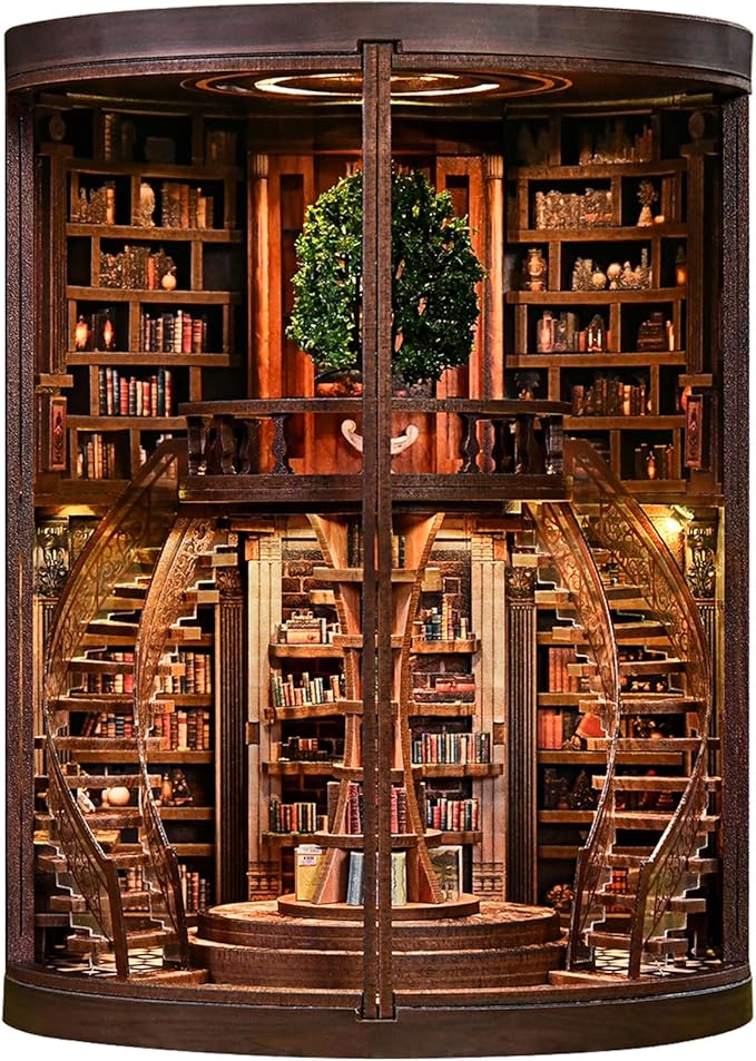 fifijoy DIY Book Nook Kit for Adults - 3D Wooden Puzzle Miniature House Kit with LED Light, Miniature Dollhouse Library Bookshelf Insert Decor, Creative Gift for Family, Friends (Wisdom Rings)