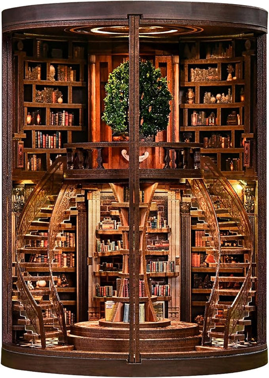 fifijoy DIY Book Nook Kit for Adults - 3D Wooden Puzzle Miniature House Kit with LED Light, Miniature Dollhouse Library Bookshelf Insert Decor, Creative Gift for Family, Friends (Wisdom Rings)