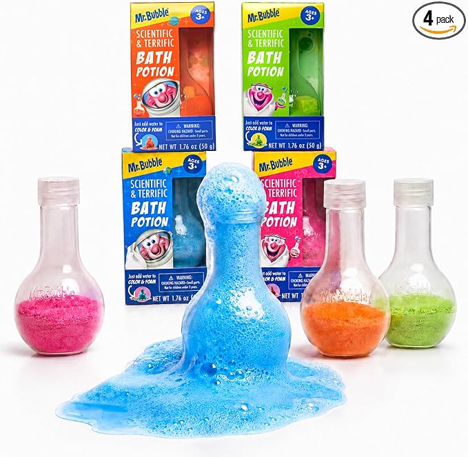 Mr. Bubble Kids Original Bath Bomb Potions - Colorful Fizzy Fun - Cool Foam and Bubble Science Beaker Bath Toys (Pack of 4)