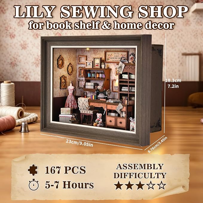 Book Nook Kit - 3D Wooden Puzzle with LED Switch Control & Wall-Mountable Frame，DIY Miniature House for Beginners，Bookshelf/Tabletop/Wall Decor for Craft Lovers，Dollhouse Gift (Lily Sewing Shop)