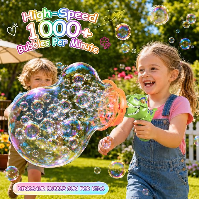 Dinosaur Shaped Bubble Gun for Kids - Blows Over 1000 Bubbles per Minute & Creates Giant Bubbles, Birthday, Christmas & Easter Gift for Boys & Girls Ages 3-9 (Green)
