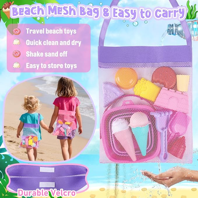 REZUCREY Collapsible Beach Toys for Toddlers, Sand Bucket and Shovels Set, Ice Cream Tea Set Travel Sand Toys for Beach & Mesh Bag, Castle Essentials Toy for Toddlers Kids Boys Girls Age 3-10