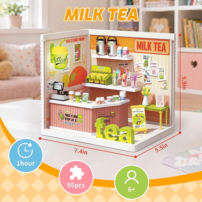 MINDNOOK DIY Miniature House Kit, LED Light-Up Dollhouse, Mini Dollhouse Building Set with Furniture, Craft Hobby Gift for Adults, Teens & Kids Ages 6+ (Milk Tea)