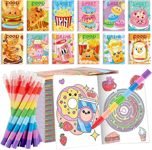 BenLouis 12 Fast Food Mini Coloring Books Kids with 12 Stacking Crayons Snacks Donut Pizza Party Favors Small Activity Books Bulk for Kids Delicious Fast Food Party Gift Goodie Bag Stuffers