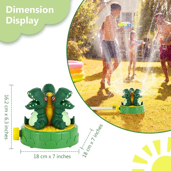 MoKo Dinosaur Sprinkler for Kids-Cute Outdoor Water Toy Spray Swimming Pool Toy with 2 Hose Clamps 3 Nozzles Fun Summer Play Water Toys for Backyard Lawn Garden Game Activities Pet Boys Girls, Green