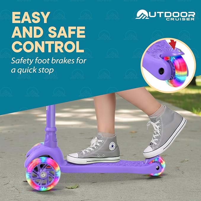 Outdoor Cruiser 3-wheel Kids Scooter – With Lean-to-steer Technology, Wide Deck, Led Lighted Wheel, 4-level Adjustable Height T-bar Handle, Support Kid Up to 150 Lbs, for Boys & Girls Ages 3-8, Purple