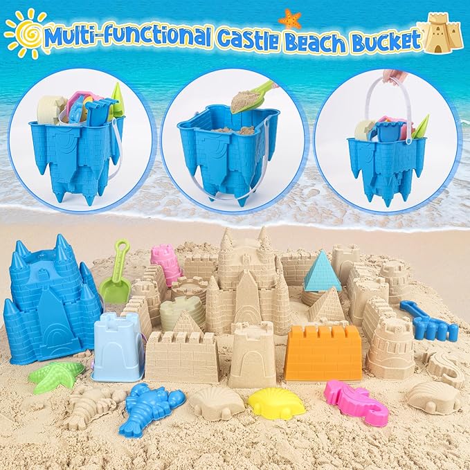FUSPWEAO Beach Sand Toys, Sand Castle Toys with Castle Bucket, Creative Molds, Shovel and Rake, Sandbox Play Set for Kids Ages 3-12, Outdoor Summer Beach Essentials for Building & Playing