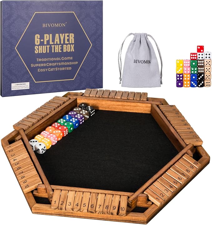 BIVOMON 1-6 Players Shut The Box Dice Game, Wooden Board Table Math Game for Kids Adult with 24 Dice, Close The Box Game for Family, Party, Christmas, Birthday