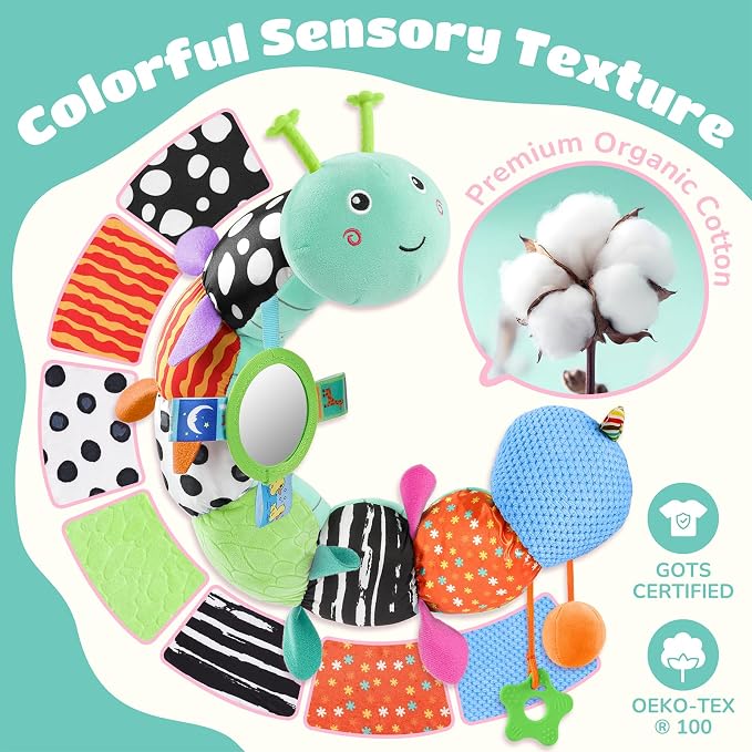 AWOTOY Baby Sensory Toys Music Caterpillar Plush Infant Toys 0 6 12 Months | Stuffed Animals Tummy Time Teething Toys with Mirror Pull String Rattle Baby Toys for Newborn Boy Girl Shower Birthday Gifts