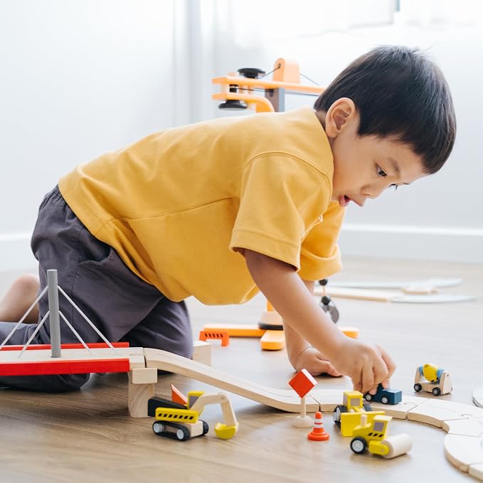 PlanToys® Road Construction Set Wooden Montessori Imaginative and Fine Motor Play Toy | Coordination, Creativity and Social Skill Building Activity | Eco Friendly Vehicle Set for Open Ended Play