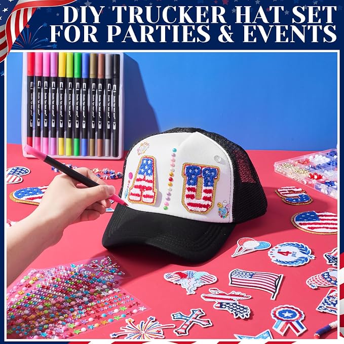 Skicuff 130 Pcs 250th Anniversary 4th of July Patriotic Craft Set, 10 Pcs DIY Red White and Blue Trucker Hats with Stickers Patches Chains USA Chenille Letters Beads for Independence Day Party Decor