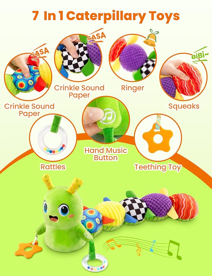 GoGonova Musical Caterpillar Baby Sensory Toy for Infant Development 0-12 Months – Newborn Bath, Car Seat, Stroller & Bassinet Activity Toy & Gift – Tummy Time Crawler & Teether(Green)