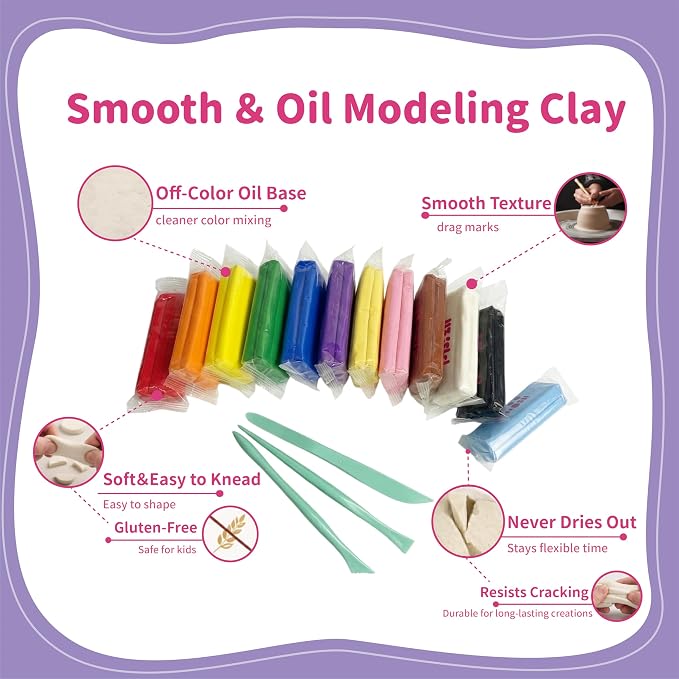 12-Color Oil Based Modeling Clay, Non-Hardening Reusable Plasticine, Non-Toxic Sulfur-Free Sculpting Clay for Kids & Artists (50g Each, 600g Total)