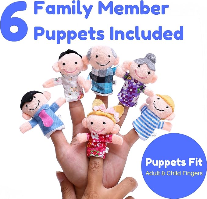 Finger Puppet Theater Stage by Better Line - Set Includes 6 Finger Family Puppets - Portable Plush Finger Puppet Theater is the Best Preschool Kids (Blue)