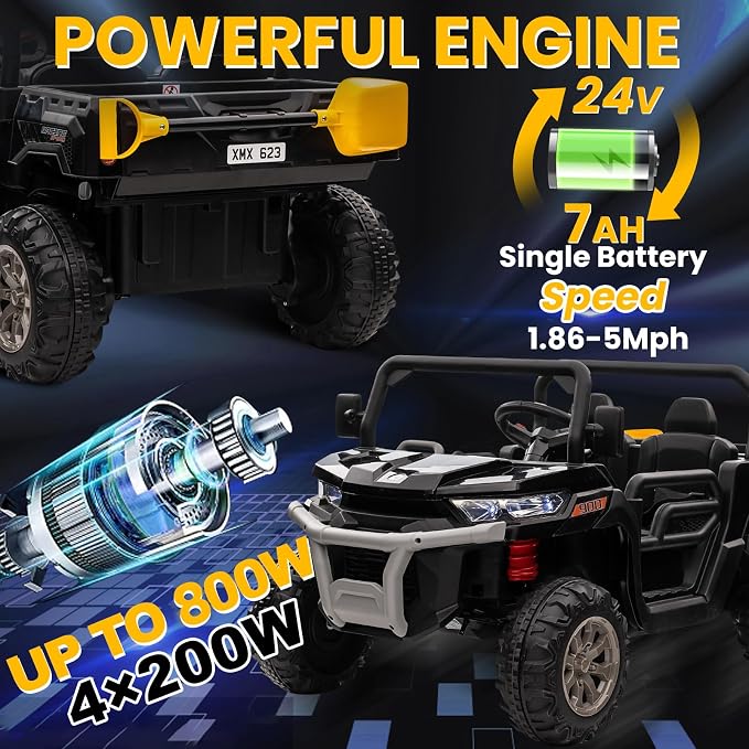 24V 4WD Ride on Truck Car w/4X200W Motor, Dump Bed, Gift Flower, 2 Seaters, Remote Control, 4 Wheeler, LED Light, Music, 24 Volt Ride on Toys for Big Kids Girls 3-8, Black