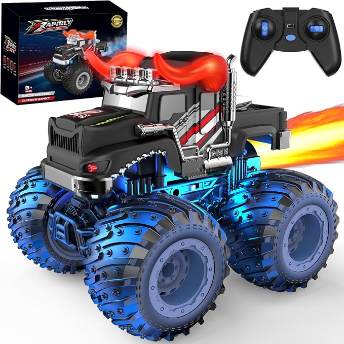BAODLON Remote Control Monster Car, 2.4GHz RC Bull Monster Truck Toys for 3 4 5 6 7 8 Years Old Boys Kid, All Terrain RC Truck Off Road with Spray, Light, Rechargeable Battery, Christmas Birthday Gift