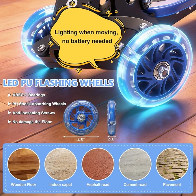 3 Wheel Scooters for Kids 2-5 5-7 Years, 4 Adjustable Heights Foldable Metal Toddler Scooter for Boys Girls Up to 120 lbs, Lean-to-Steer, Dual Rear Brake Widen Anti-Slip Deck