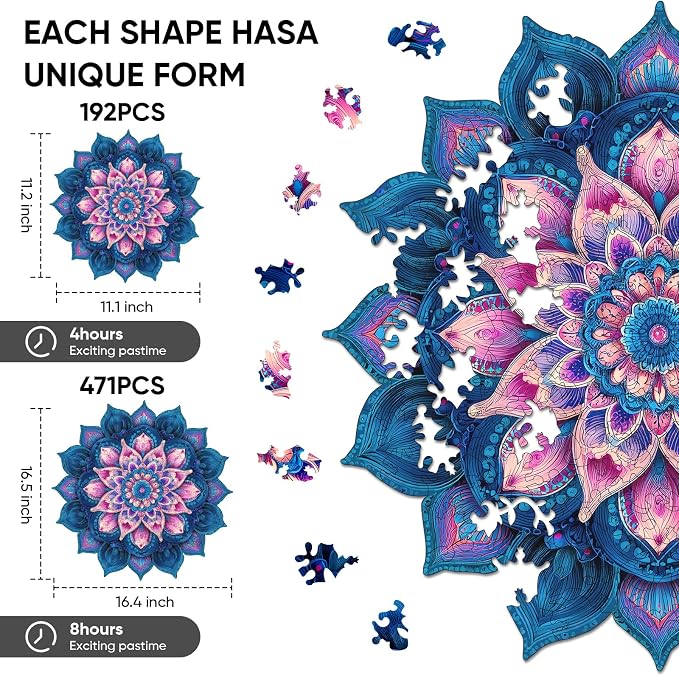 Ixfyloop Mandala Wooden Puzzles for Adults 471 Pieces, Lotus Jigsaw Puzzles Mindfulness Yoga Gift for Women, Relaxing Stress Relief Wooden Puzzles, Wood Puzzles Adult 16.4x16.5 inch