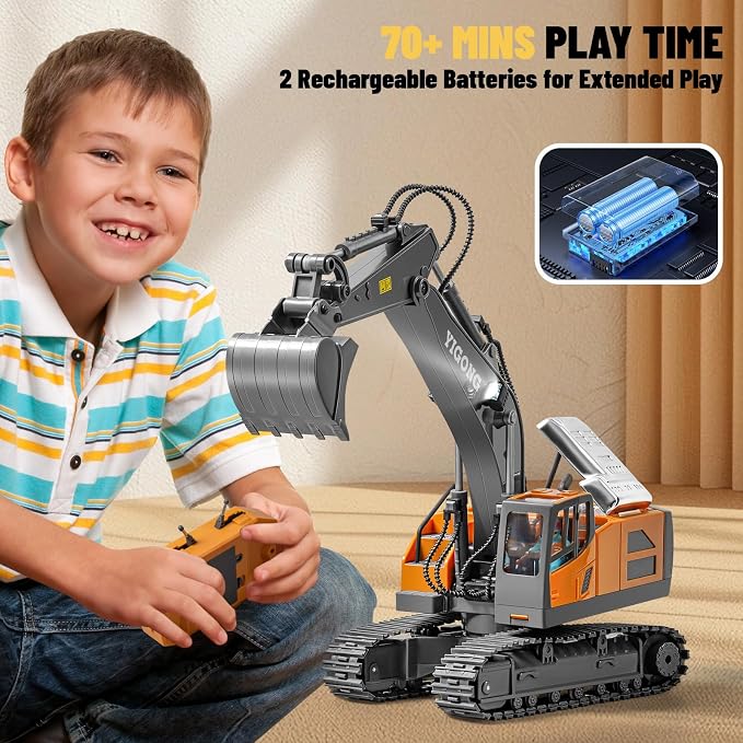 Remote Control Excavator Toy, 11 Channel RC Construction Digger with Metal Shovel, Lights & Sounds, 2.4GHz Rechargeable All-Terrain Excavator for Kids 3-14, Perfect for Sand, Dirt & Outdoor Play