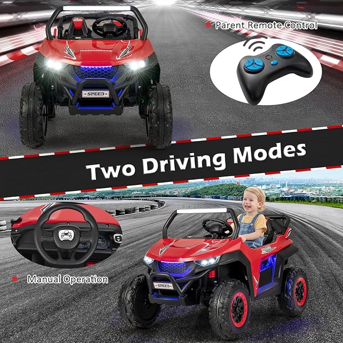 Costzon 2-Seater Ride on Car for Kids, 12V Kids' Electric Vehicles w/Remote Control, 4 Shock Absorbers, Wireless Music & FM, 3 Speeds, Ambiance Lights, Electric Car UTV for Boys Girls (Red)