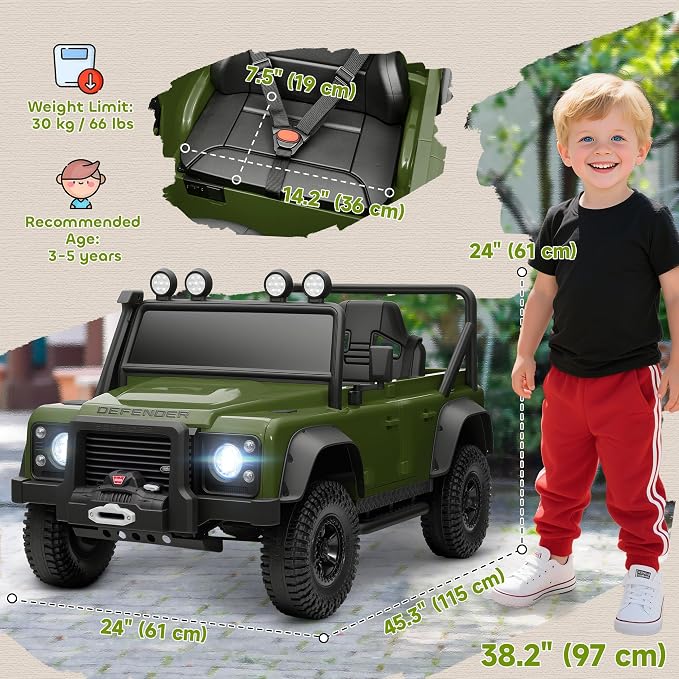 Qaba Land Rover 110SVX Licensed Electric Car for Kids, 12V Battery Powered Kids Ride On Car with Remote Control, Dual Motors, Spring Suspension, LED Lights, 3 Speeds Ride On Truck, Dark Green