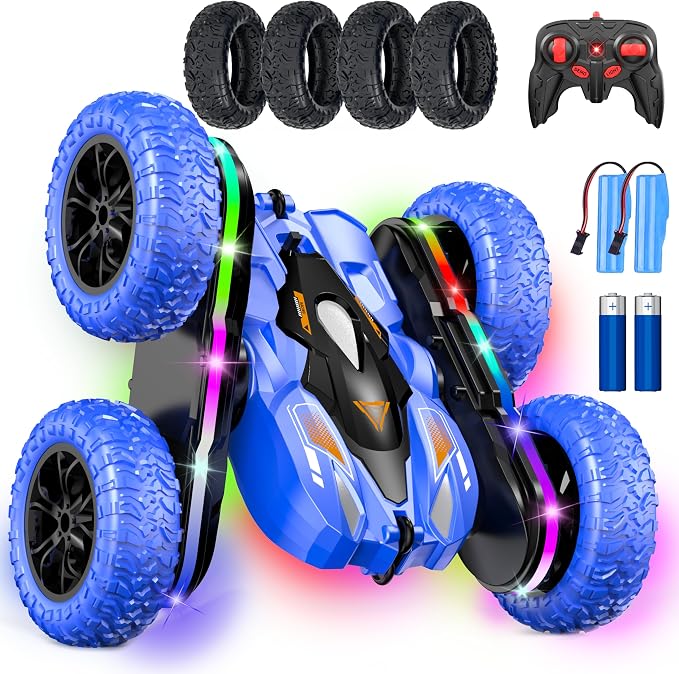 Wedopro RC Car for Boy Ages 6-12: 2 Batteries 360° Stunt Rotating 4WD Remote Control Toy with Headlights, Indoor Outdoor Birthday Gifts for Kids 6 7 8 9 10 11 12, Blue