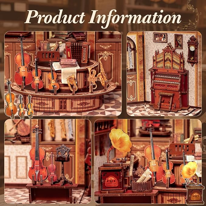 CUTEBEE Book Nook Kit - DIY Miniature House Dollhouse Kit for Adults and Teens, Music Shop Booknook Bookshelf Insert Decor, 3D Wooden Puzzle, Creative Gift for Family, Friends (Bach Strings)