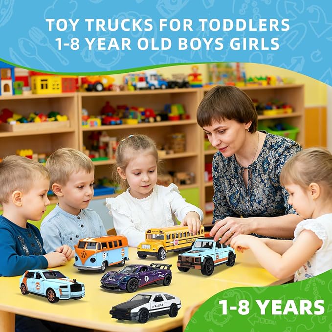 1:32 Alloy Pull Back Truck Toys for Kids, 6 Pack Die Cast Car Set with Road Map, Traffic Signs & Light, Toy Vehicle Playset, Birthday for Boys Girls Ages 3-8