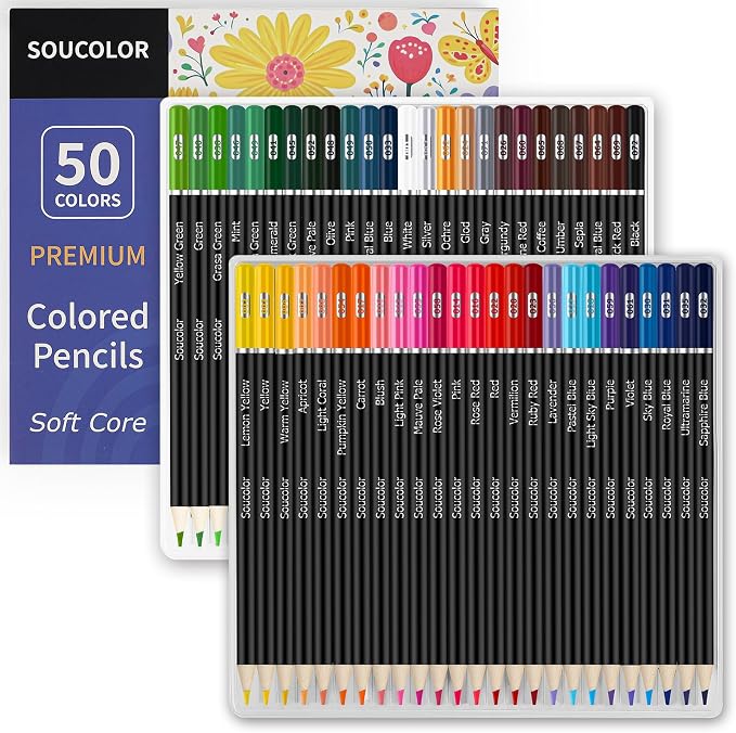 Soucolor 50 Colored Pencils - Premium Art Supplies for Adults Coloring Book | Long-lasting vibrancy Colors, Smooth Writing, Easy Blending and Shading, Perfect for Coloring Books, Sketching & Drawing Pads