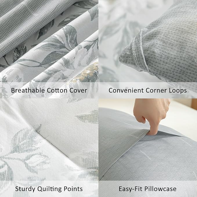 LEMIROE Floral Cotton Comforter King Size - Light Grey Comforter Printed with Vintage Ivory Flowers & Dark Yellow Stamens,Reversible Lightweight Bedding Sets 3Pcs(104"×90")