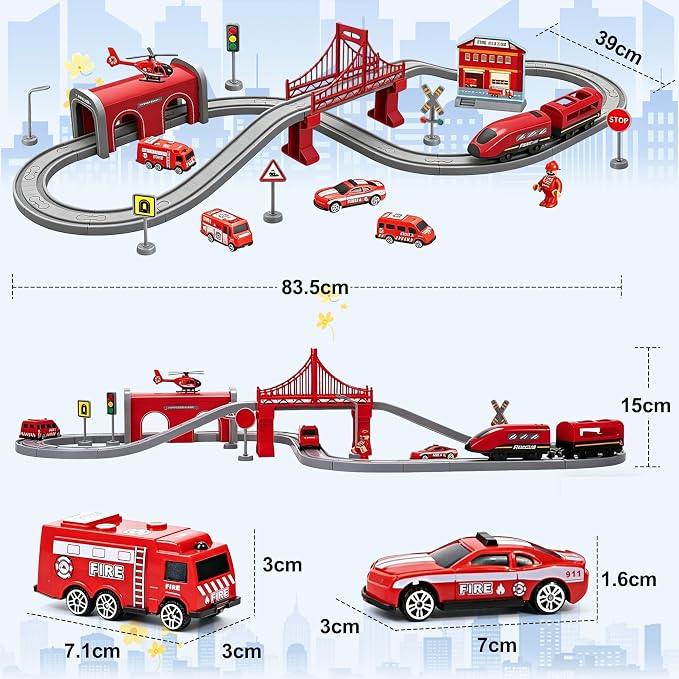 Wdmiya Train Sets for Toddlers, 66 Pcs Trains Toy with Battery Operated & Tracks (Magnetic Connection), Compatible with Thomas, Brio, Christmas Toy Gifts for 3 4 5 6 7 8 Years Old (Fire Engines)