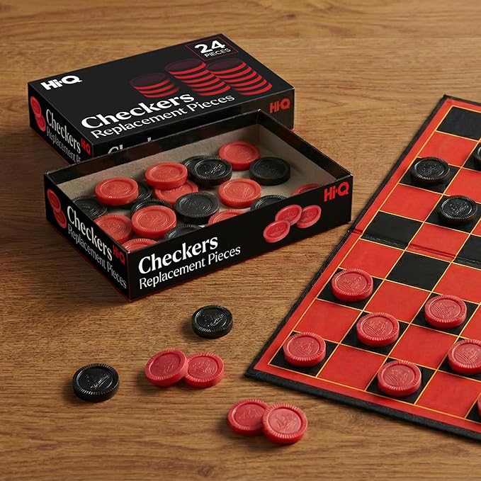 Checkers Replacement Pieces – Set of 24 Interlocking Red & Black Game Pieces – Durable Plastic Stackable Checkers for Replacement or DIY Boards – Includes 12 Red & 12 Black