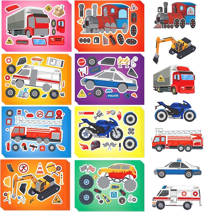 Aowplc 32 Sheets Vehicle Stickers for Kids - Make Your Own Transportation Stickers for Party Favors, Classroom Activities and Crafts