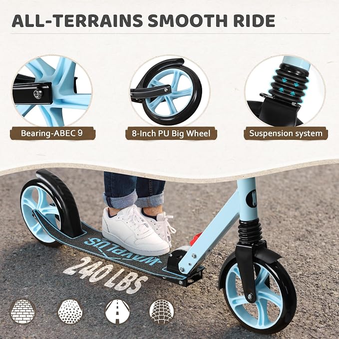 WAYPLUS KS1 Kick Scooter for Ages 6+,Kid, Teens & Adults. Max Load 240 LBS. Foldable, Lightweight, 8IN Big Wheels for Kids, Teen and Adults, 4 Adjustable Levels. Bearing ABEC9 FED Fitness