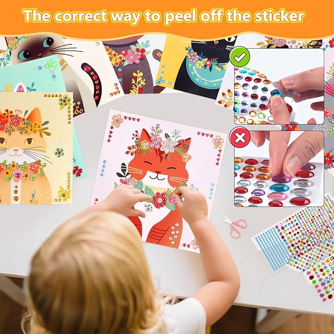Marlrin Cat Diamond Art for Kids Ages 4-8, Gem Stickers Crafts Kits, DIY Arts and Crafts with Display Stand, Kitten Sticker Art Kit, Birthday Easter Gift for Boys Girls Ages 3-8