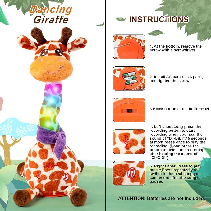 Dancing Talking Giraffe Toy for Baby Toddler, Dancing Giraffe Toy Singing Mimicking Recording Repeating What You Say with LED English Sing for Boys Girls Gift, 15 Second Recorde(Adjustable Volume)