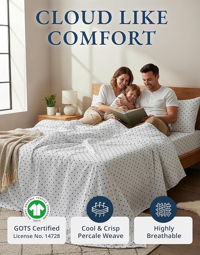 LANE LINEN Twin Sheets 100% Organic Cotton 3pc Percale Cooling - Polka Dot | Organic Cotton Percale Twin Sheet Set - Naturally Cooling & Lightweight, Cool All Summer, Cozy All Winter, Great For Gifting