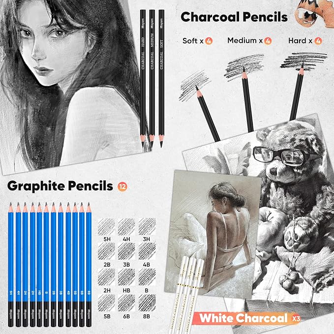 iBayam 78-Pack Drawing Set Sketching Kit Art Supplies for Adult, Christmas Gifts for Adult, with 3-Color Sketchbook, Coloring Book, Colored, Graphite, Charcoal, Watercolor & Metallic Pencil
