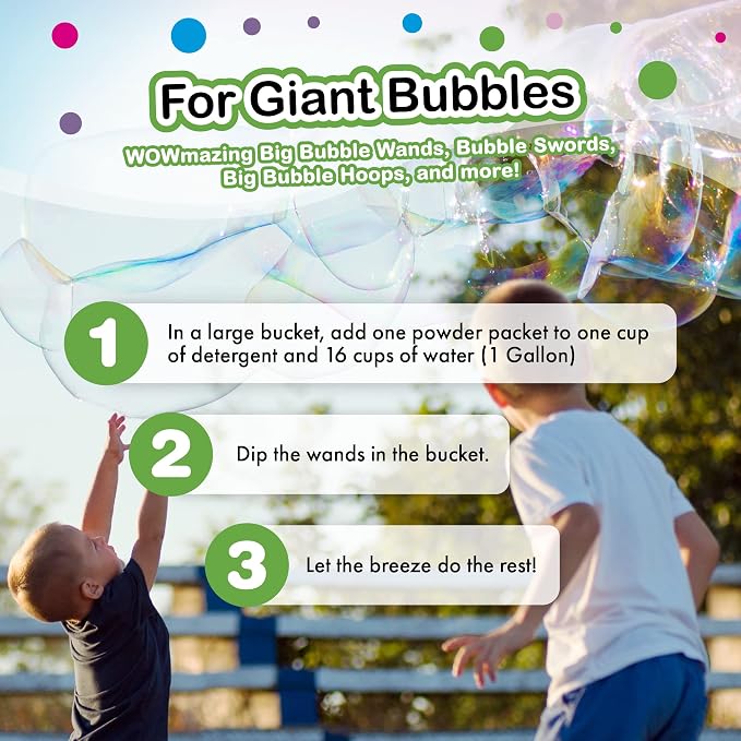 WOWmazing Big Bubble Refill Powder Mix (6 Packets) - Turns Dish Detergent into Giant Bubbles. Makes 6 GALLONS! - Made in USA