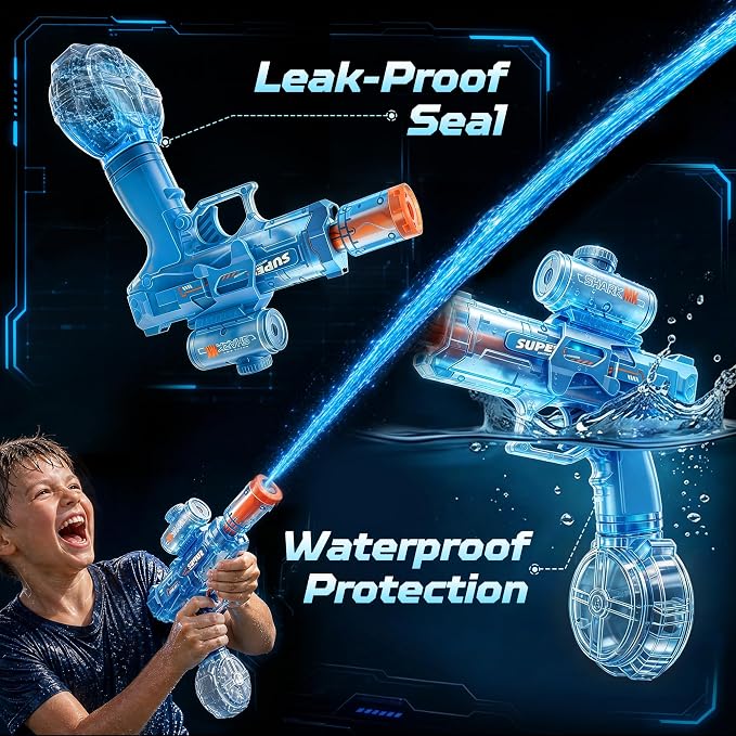 GONINO Electric Water Gun for Kids & Adults, Automatic LED Water Sprayer with Long Range Stream, Leak-Proof Rechargeable Battery Powered Outdoor Pool Toy, Summer Party Gift for Boys Girls, Blue