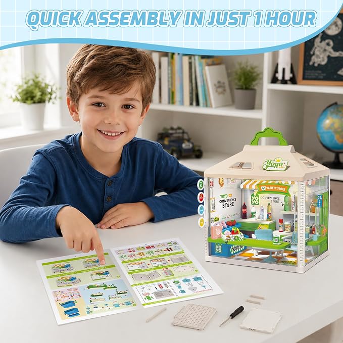 MINDNOOK DIY Miniature House Kit, LED Light-Up Dollhouse, Mini Dollhouse Building Set with Furniture, Craft Hobby Gift for Adults, Teens & Kids Ages 6+ (Convenience Store)