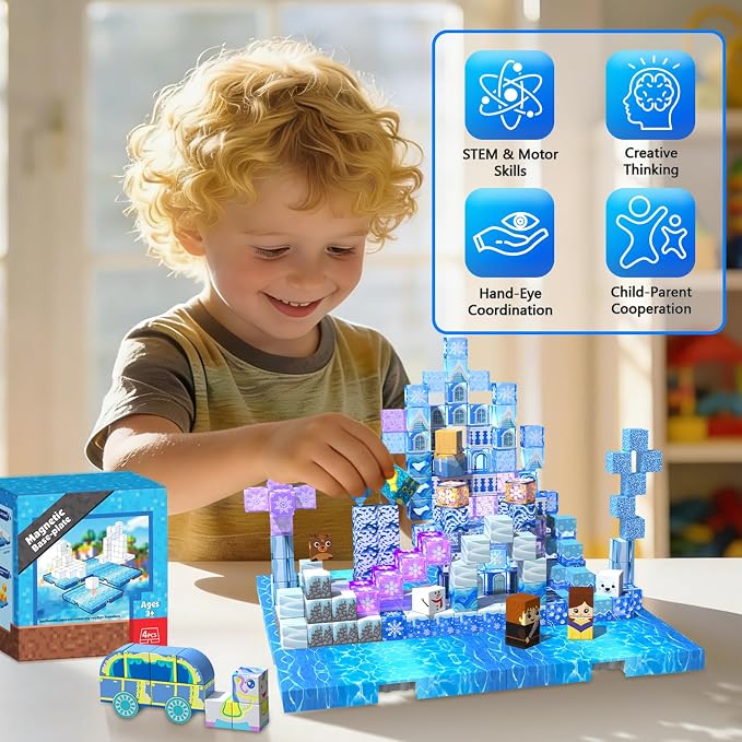 4PCS 4" x 4" Magnetic Building Block Base Plates for Kids, Strong Grip Magnetic blocks Base Compatible with Most Popular Magnetic Blocks & Cubes, STEM Educational Toys for Boys Girls Ages 3+ (Water）