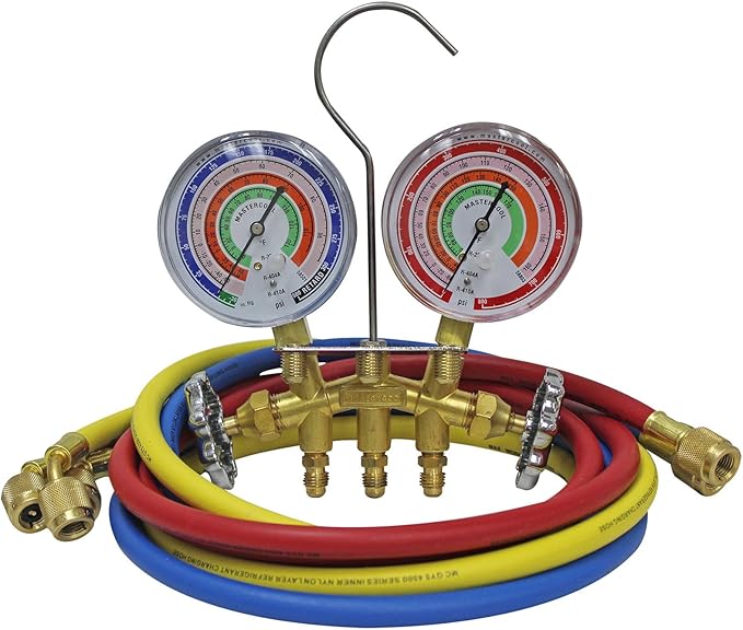 Mastercool 59161 2-Way Heavy Duty Brass Manifold Gauge Set with 3 1/8" Silicone Dampened Gauges and 1/4" SAE Fittings for R410a, R22, R404A - U.S. Assembled & Tested with 60" Hoses