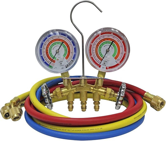 Mastercool 59161 2-Way Heavy Duty Brass Manifold Gauge Set with 3 1/8" Silicone Dampened Gauges and 1/4" SAE Fittings for R410a, R22, R404A - U.S. Assembled & Tested with 60" Hoses