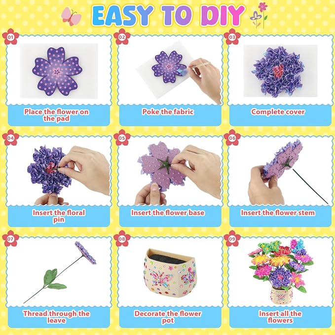 Zefy Poke Art Flower Bouquet, Mess-Free Arts and Crafts for Kids | DIY Activities with 8 Colors 10 Flowers & 2 Butterflies, Birthday Valentine Gifts for Girls Craft Kits 4-12