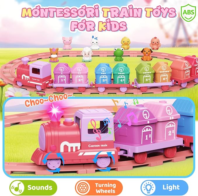 Train Set for Toddlers 2-4, Electric Toddler Train Set with Farm Animals, Music & Lights, Montessori Counting & Sorting Learning Toy, Birthday Easter for Boys Girls (Pink)