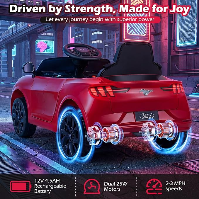Costzon Ride on Car, 12V Licensed Ford Mach E Kids Electric Vehicle with Parent Control, LED Lights, Horn, Music, Wireless Connection & Spring Suspension, Kids Car Toy for Girls Boys (Red)