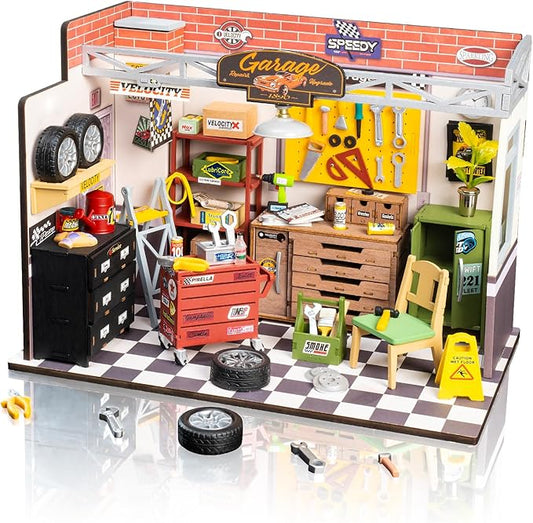 Rowood Miniature House Kit,DIY Miniature Dollhouse Craft Kits for Adults,Mini House Kits with LED,Birthday for Ages 14+(Garage Workshop)